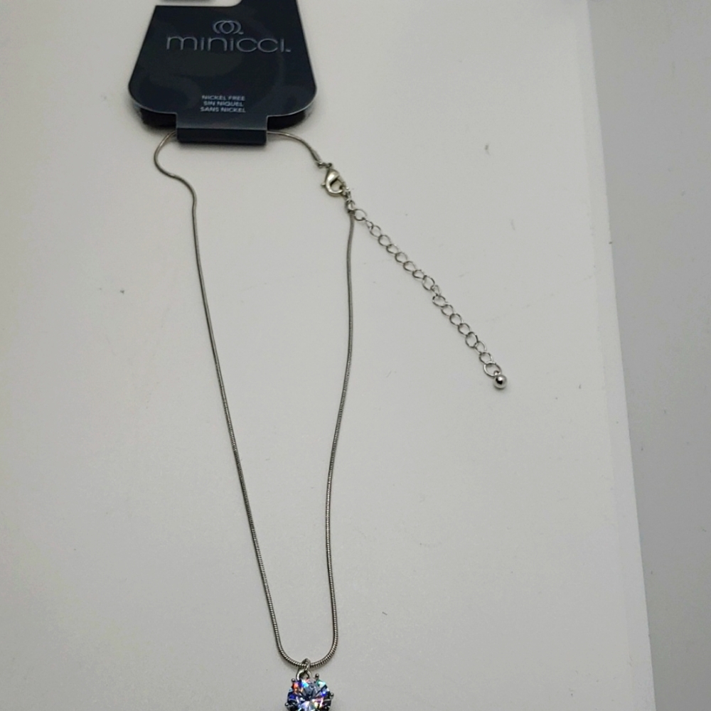 Minicci Silver Tone Necklace With Cubic Zirconia Pendant 15 Inch W 4 Inch Extend